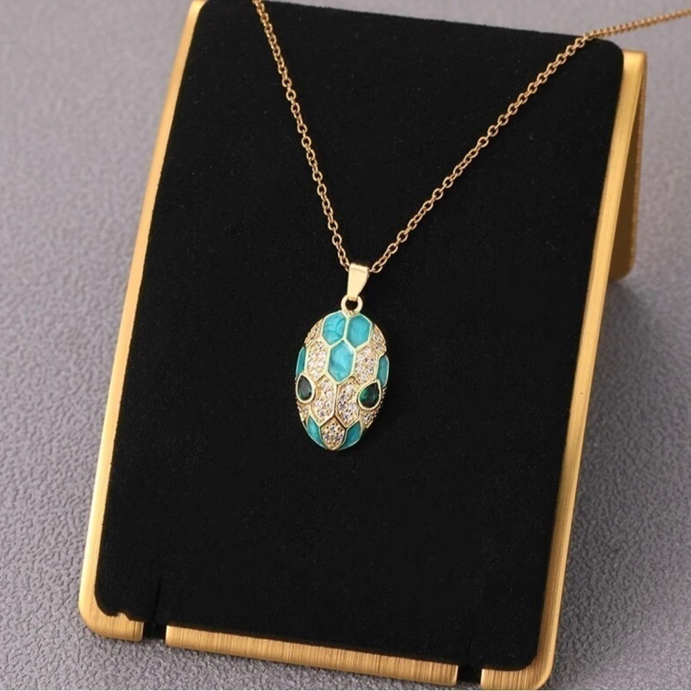 Pink Enamel 14K Gold Plated And Diamond Inlaid Snakehead Pendant Necklace - Picture 3 of 5